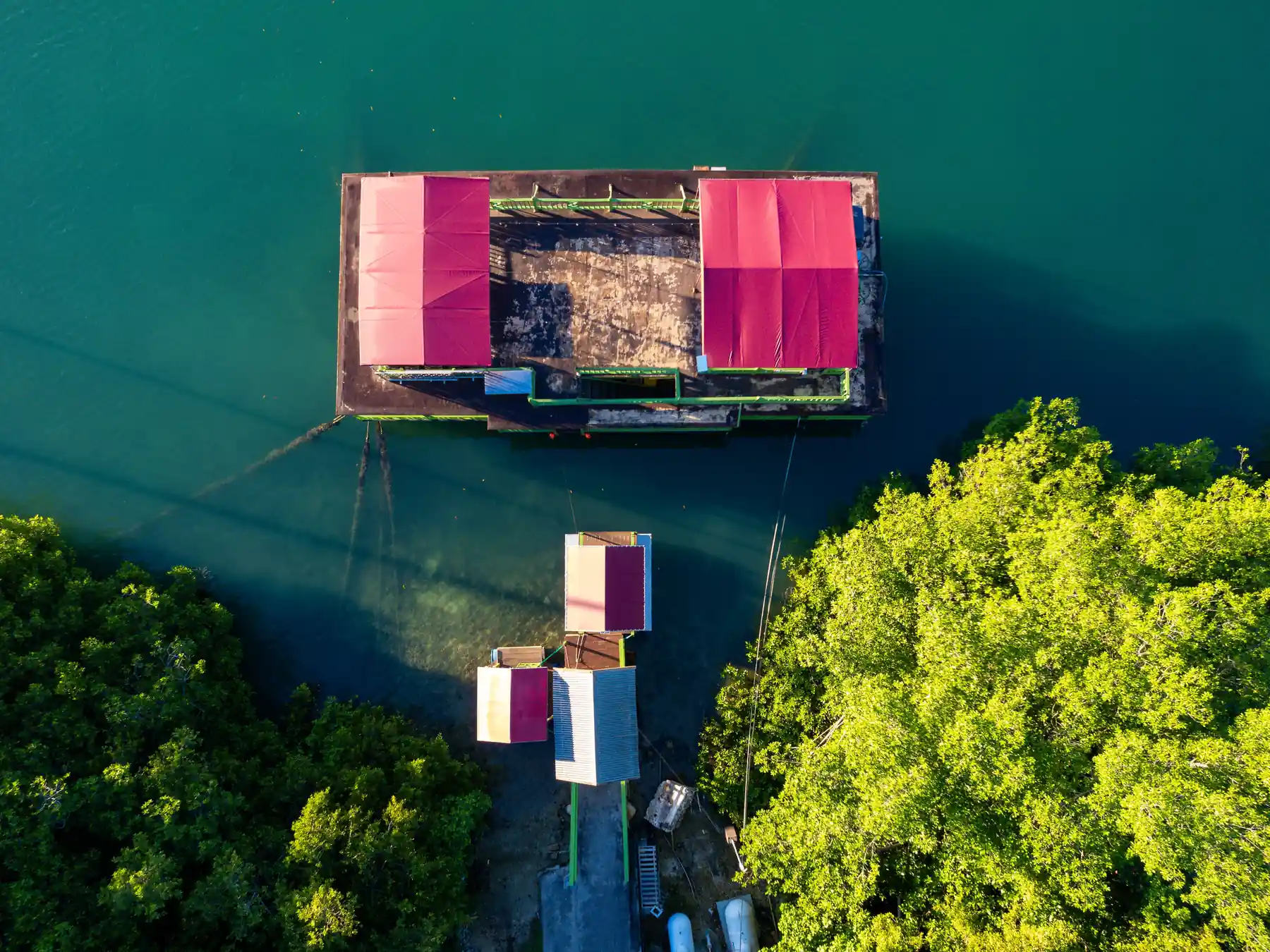 Aerial view of a tropical waterfront and clear blue water in Montego Bay, Jamaica.