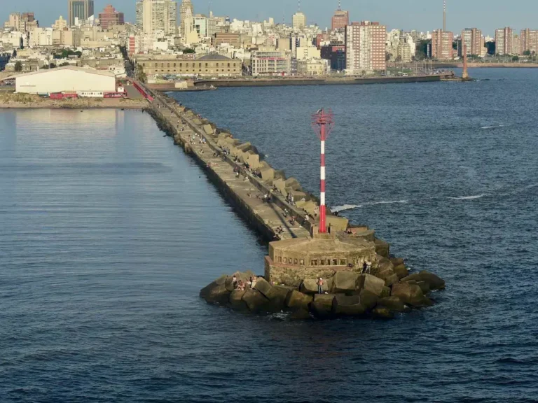 Montevideo harbor breakwater with the city waterfront in the background