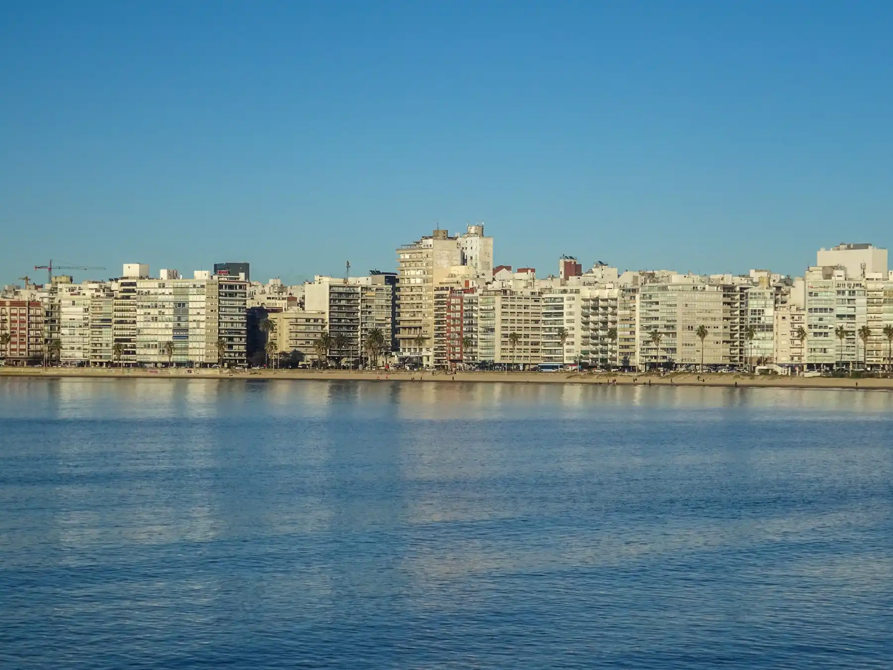 Montevideo's waterfront apartment skyline reflected across calm water.