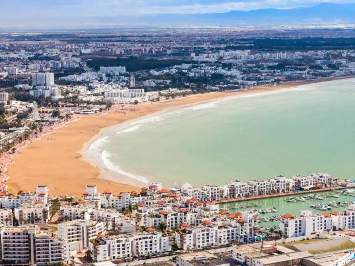 Agadir's broad Atlantic beach and city coastline in Morocco