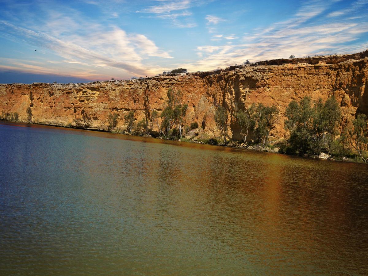 Golden limestone cliffs rising above the Murray River at Swan Reach