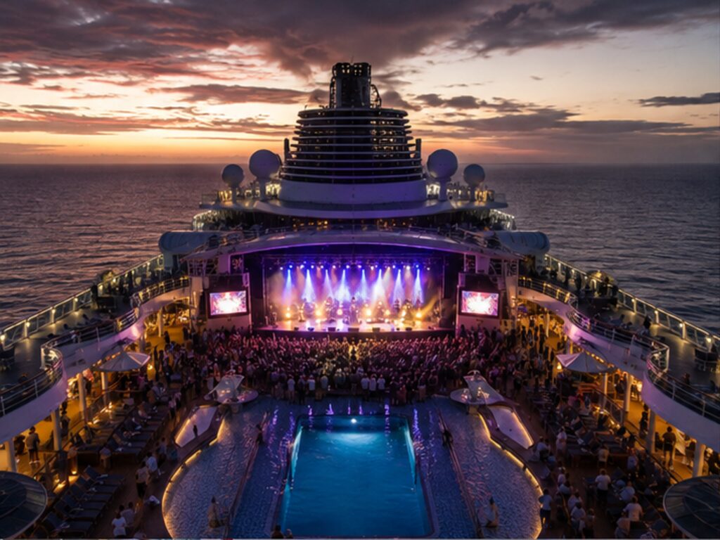 Outdoor concert stage on the pool deck of a chartered music cruise ship at sunset