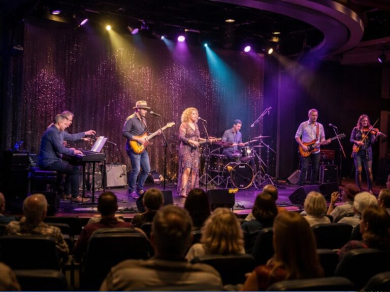 Live band performing for passengers inside a cruise ship theater