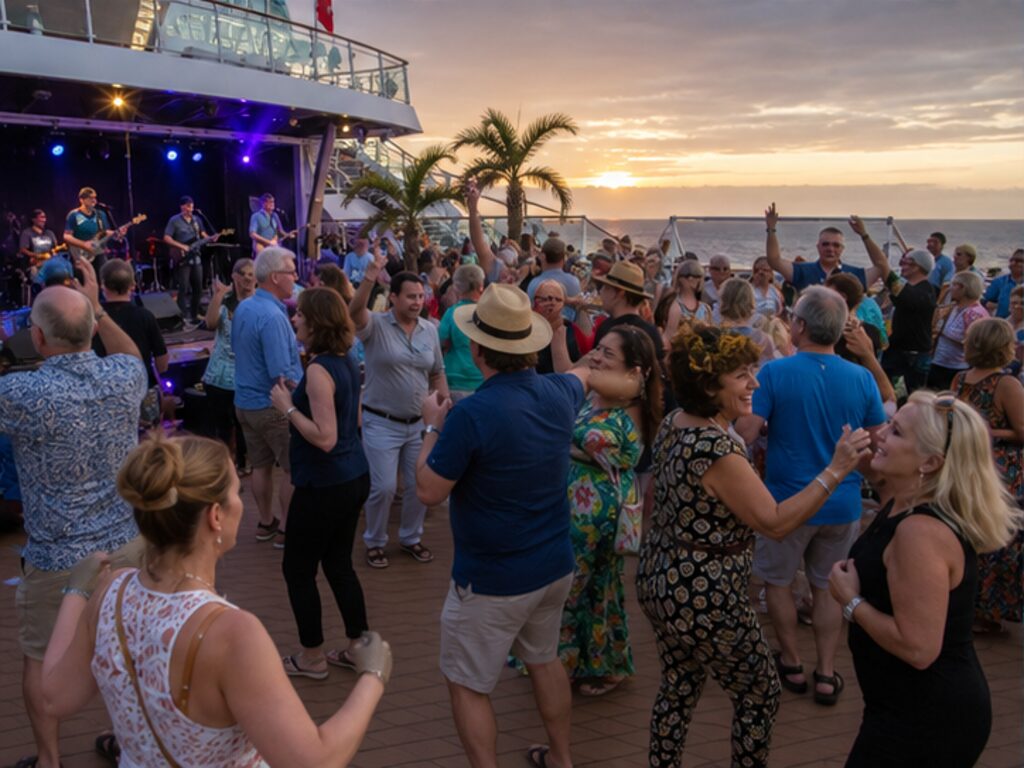 Adult passengers dancing during an open-air concert on a music cruise