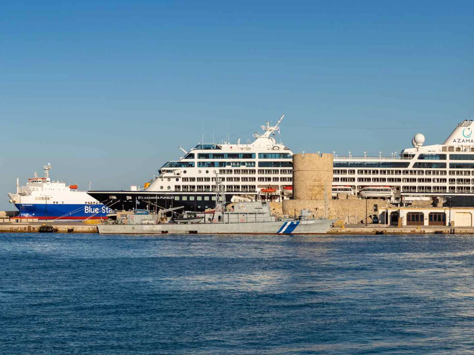 Cruise ship docked at Rhodes harbor in Greece