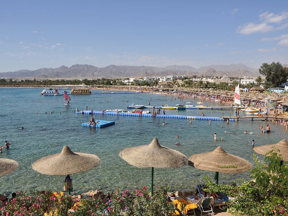 Naama Bay beach and clear Red Sea water in Sharm el-Sheikh