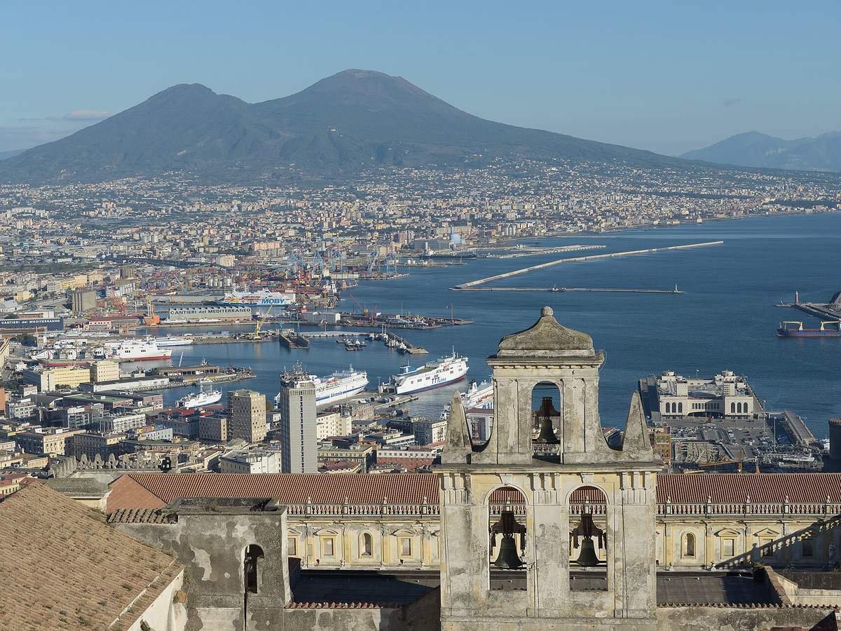 Naples from the Castello Sant Elmo with Abbazia San Martino the port and the Vesuv