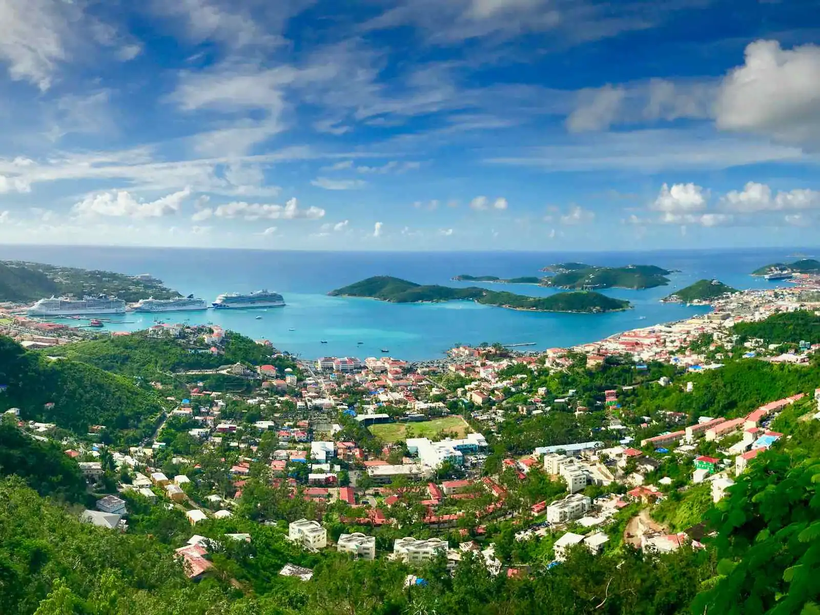 Aerial view of Charlotte Amalie and its harbor in Saint Thomas