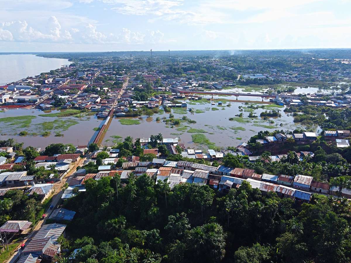 Aerial view of Nauta and its riverfront in Peru's Loreto region