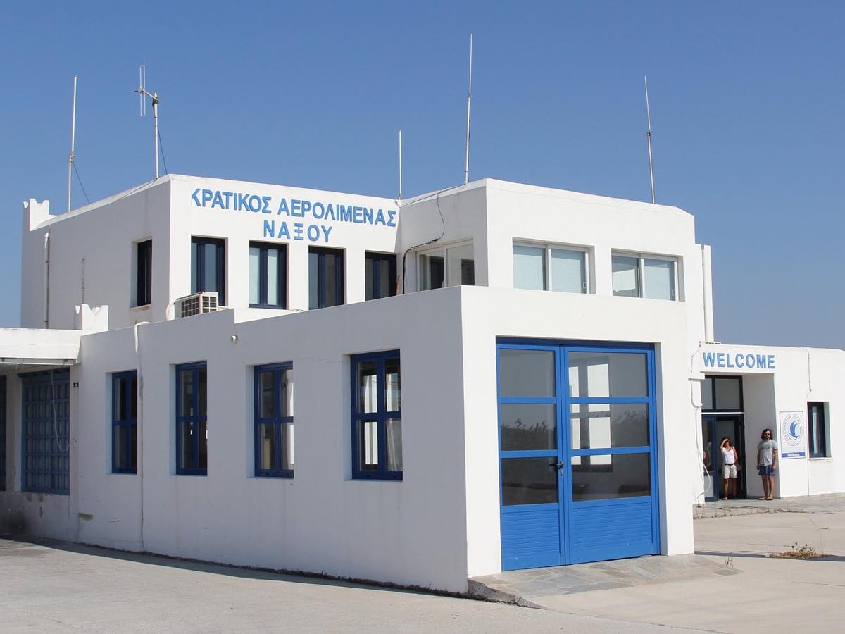 White and blue terminal building at Naxos Island National Airport