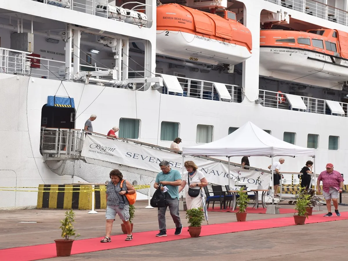 Cruise passengers disembarking Seven Seas Navigator at New Mangalore Port