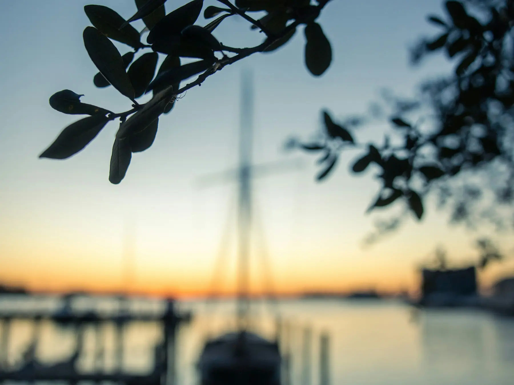 Sailboats and calm water in Norfolk Harbor at sunset.