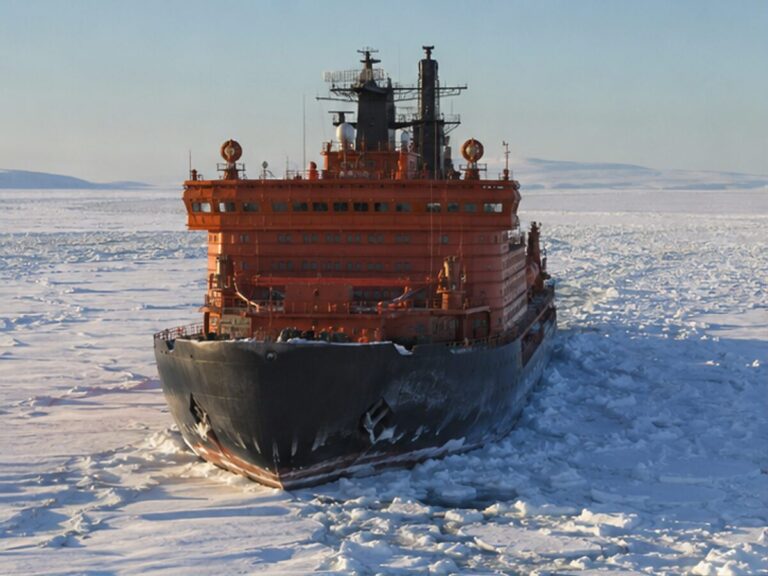 Powerful polar icebreaker cutting through Arctic pack ice