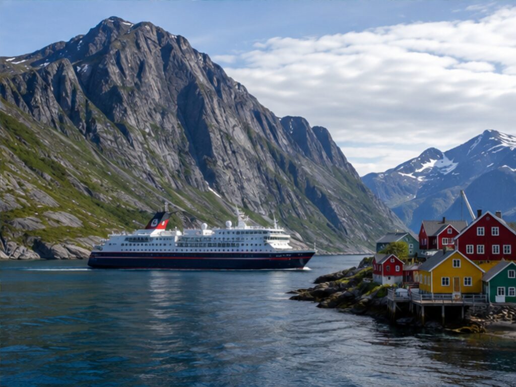 Norwegian coastal passenger ferry sailing past steep fjords and colorful Arctic houses