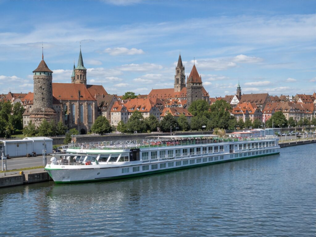 Long river cruise ship at Nuremberg's Europakai on the Main-Danube Canal