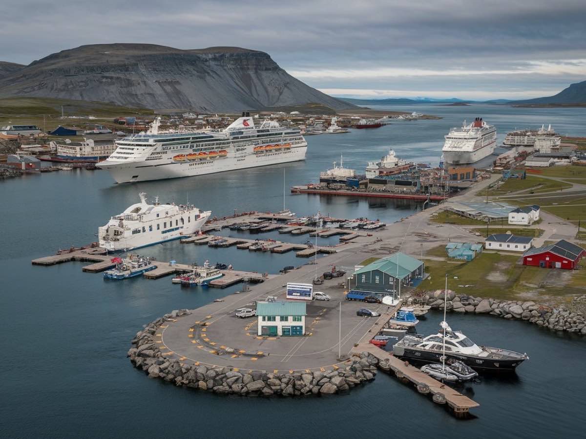 Cruise ships and smaller vessels berthed across Nuuk harbor
