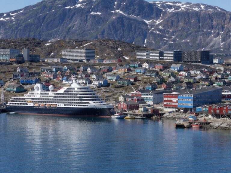 Small cruise ship in Nuuk harbor beside Greenland's colorful waterfront