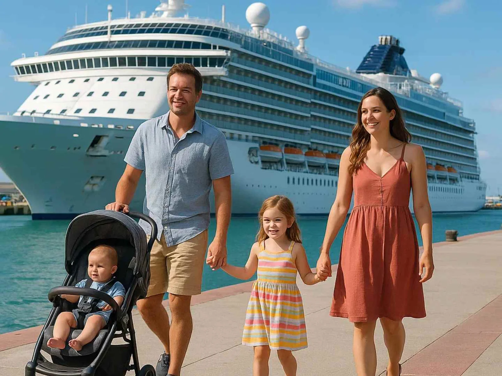 Family with a stroller posing in front of a cruise ship