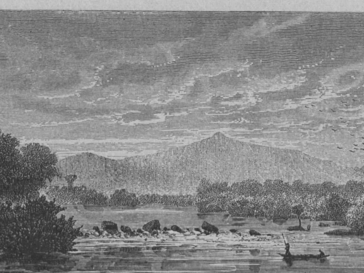 Historical view of Keng Sao rapids and mountains near Pak Lay, Laos