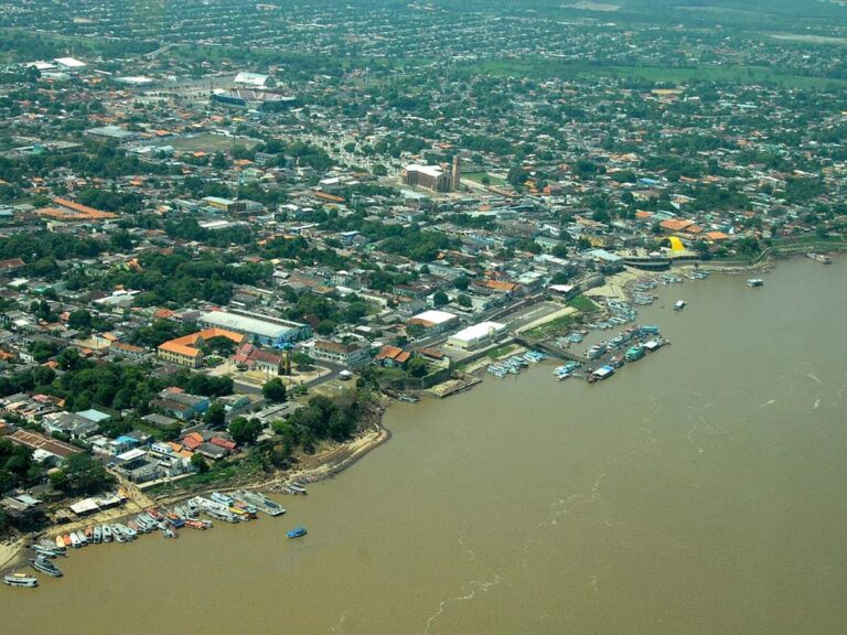 Aerial view of Parintins waterfront and river port on the Amazon