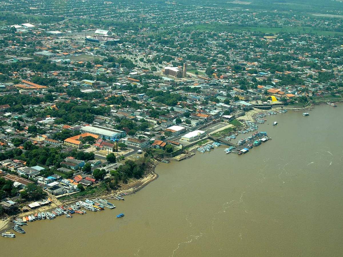 Aerial view of Parintins waterfront and river port on the Amazon