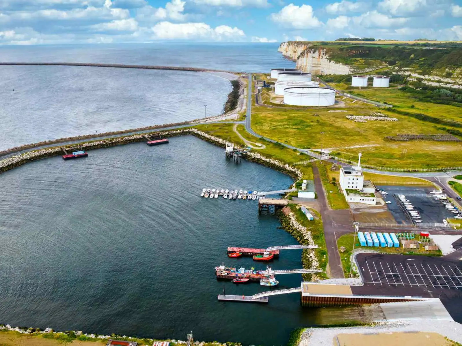 Aerial view of Le Havre cruise terminal and harbor in France