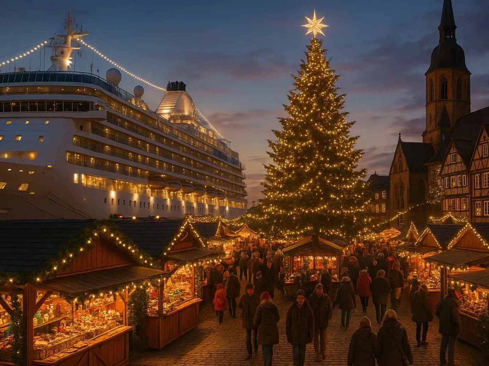 Christmas market stalls glowing beside a cruise ship at night