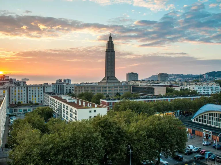 Le Havre skyline with Saint Joseph's Church at sunset, France