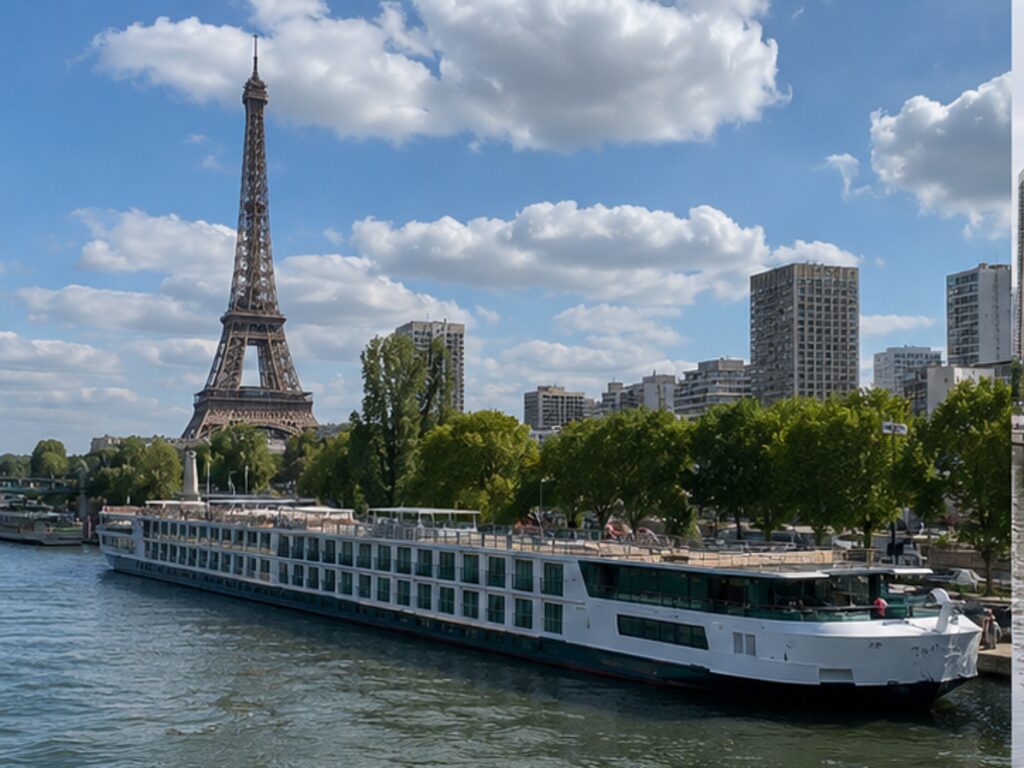 Long river cruise ship at Grenelle on the Seine near the Eiffel Tower