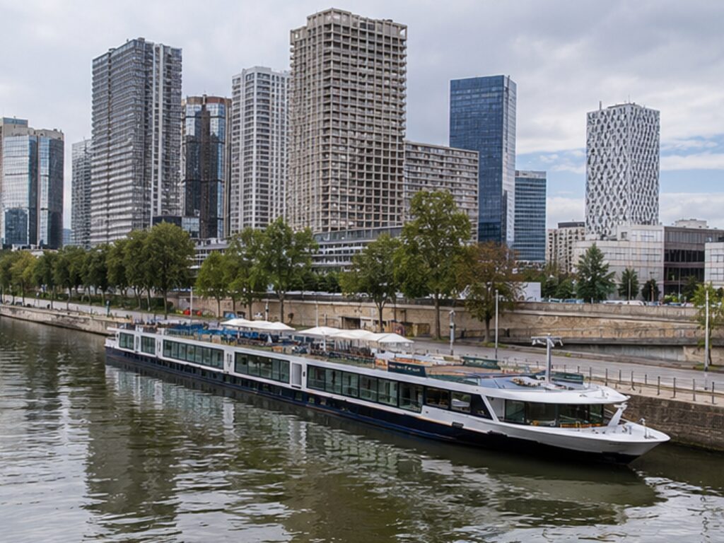 River cruise ship moored on the Seine beside the modern Javel waterfront in Paris
