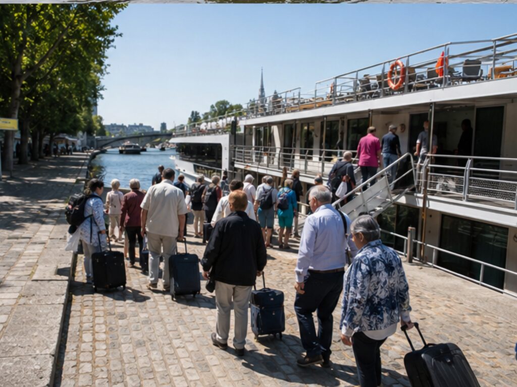 Passengers gathering beside a river cruise ship at a Paris-area Seine berth