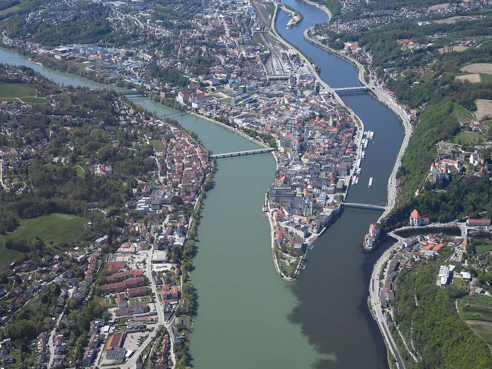 Aerial view of Passau old town between its rivers