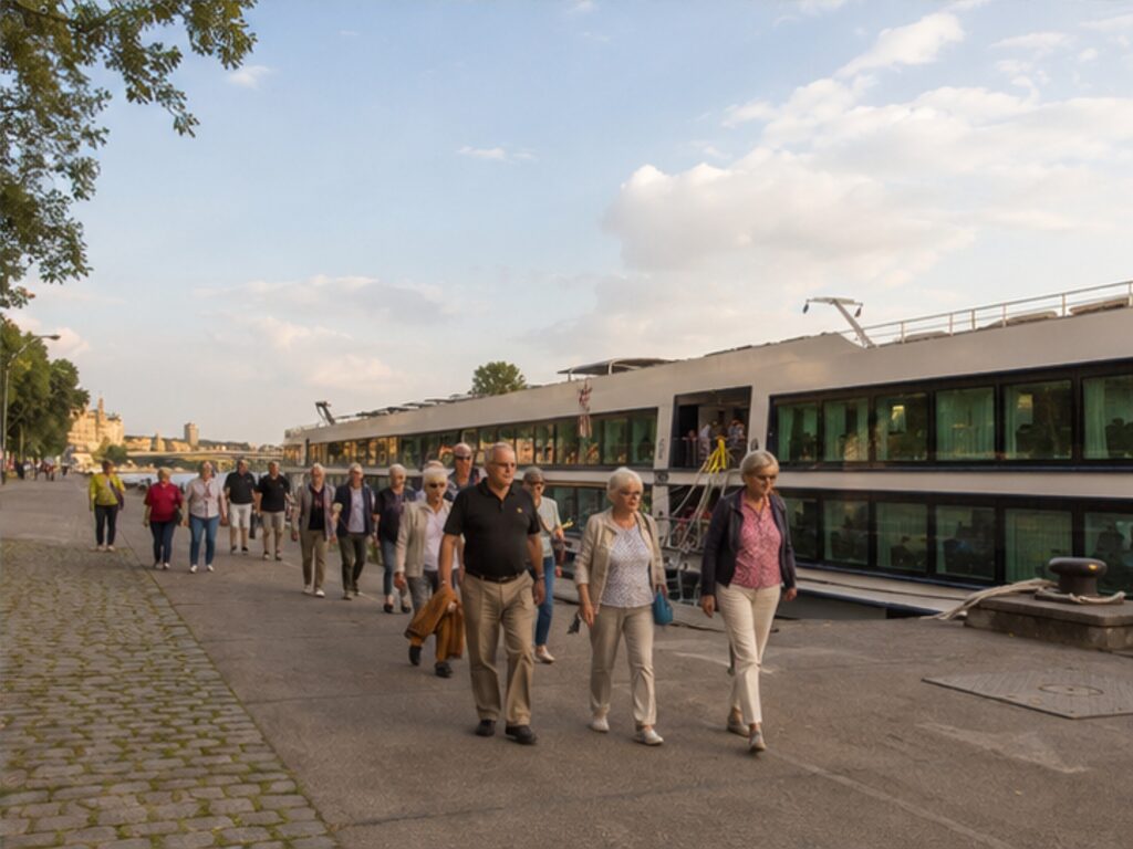 Passengers walking beside a river cruise ship at a Vienna Danube berth