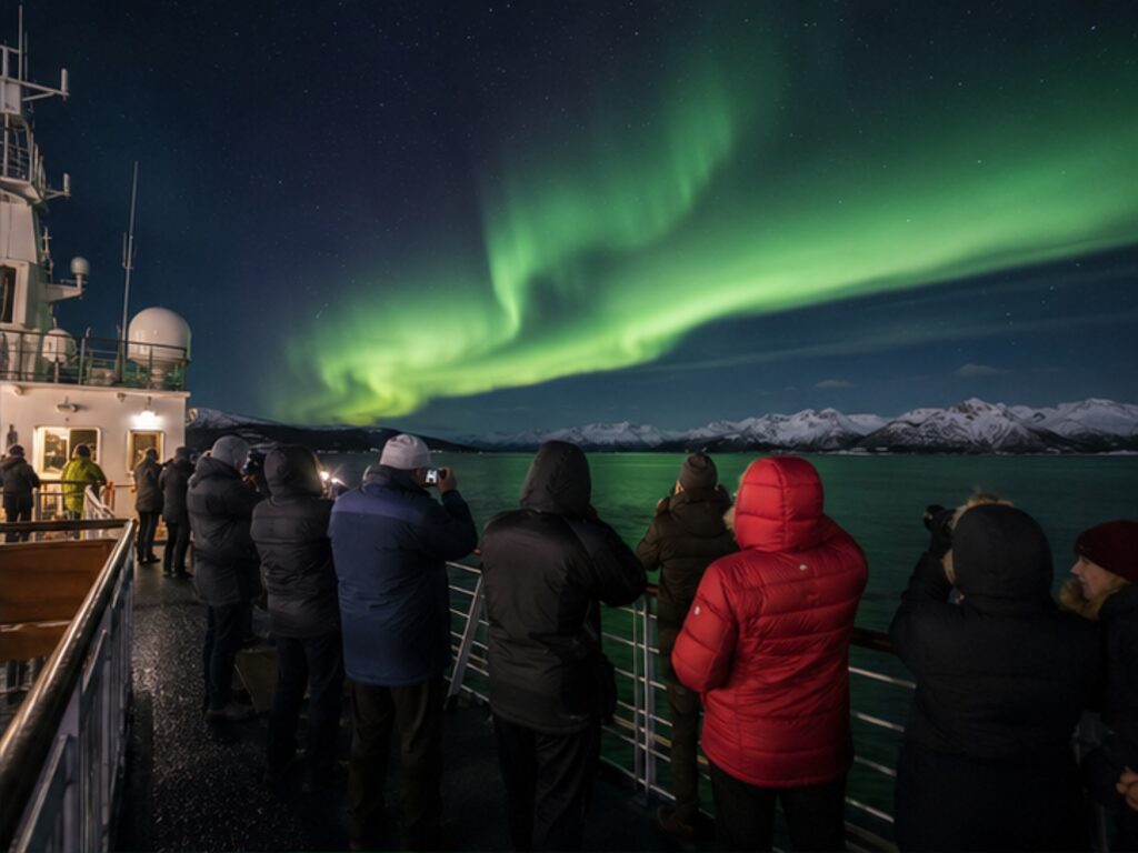 Passengers in winter clothing watching the northern lights from a dark cruise ship deck