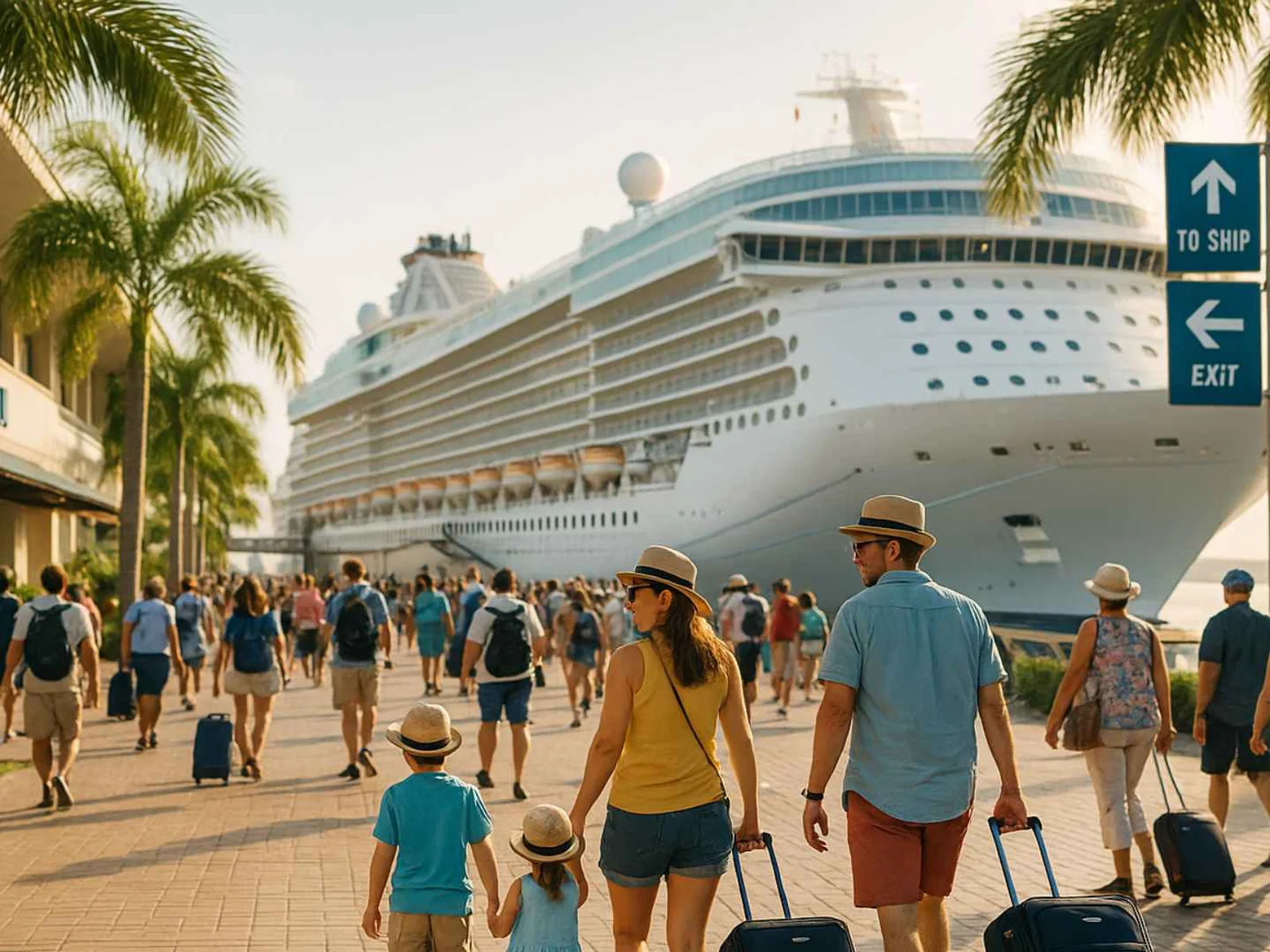 Cruise passengers walking along a terminal promenade