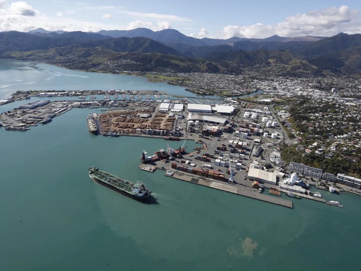 Aerial view of Port Nelson's cargo wharves and the city beyond