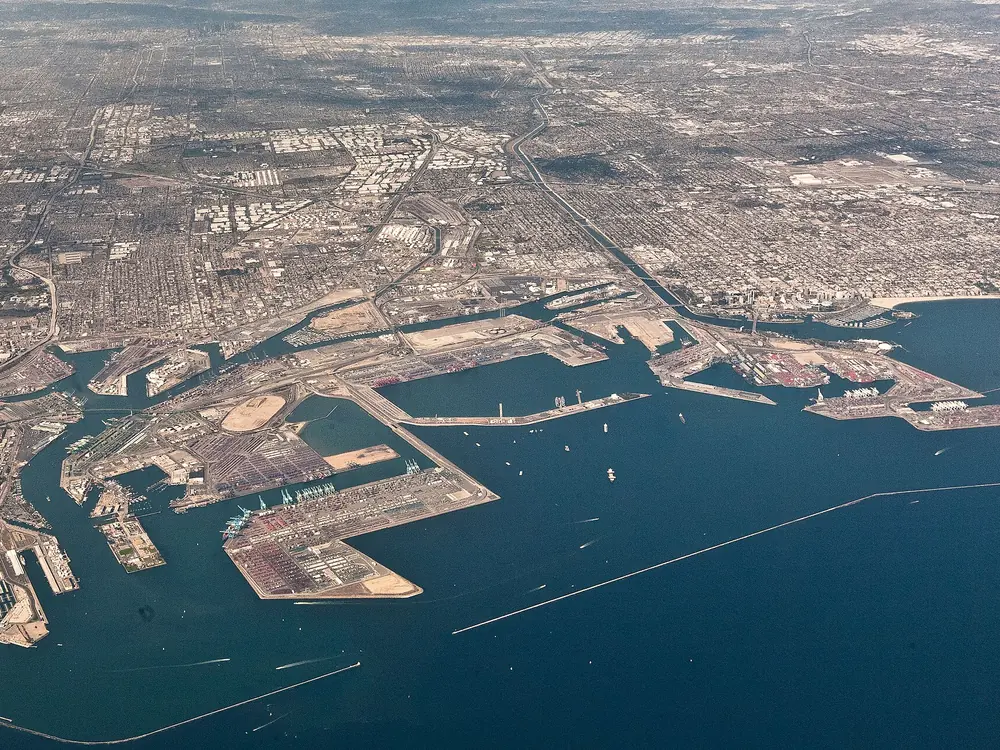 Aerial view of the Port of Long Beach and its harbor terminals in California