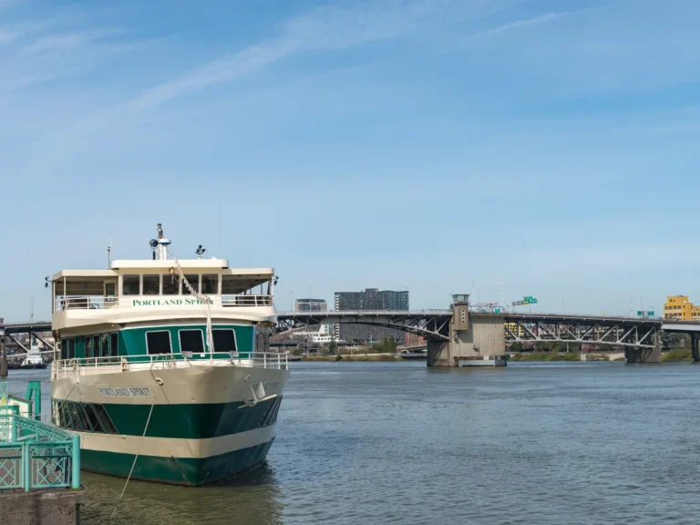 Portland Spirit river cruise boat docked on the Willamette River in downtown Portland