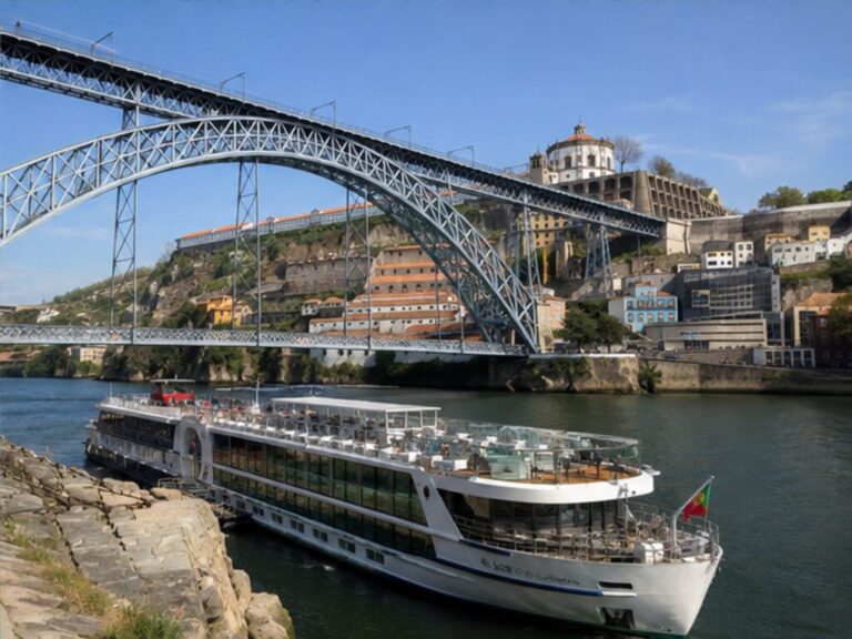 Douro river cruise ship at the Gaia quay near Porto below the Dom Luis I Bridge