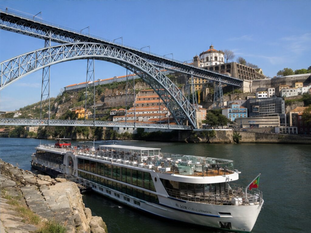 Douro river cruise ship at the Gaia quay near Porto below the Dom Luis I Bridge