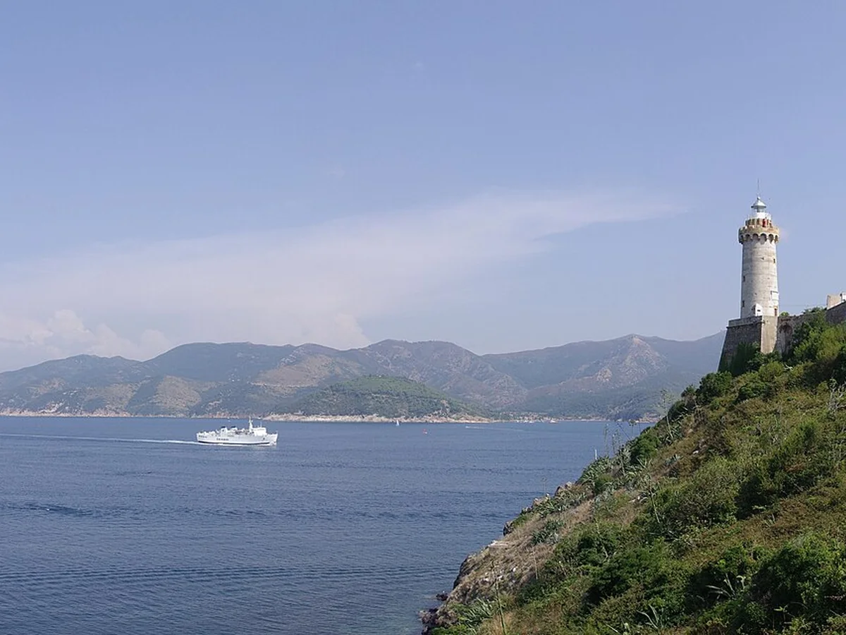 Portoferraio lighthouse and Forte Stella above the Elba coastline