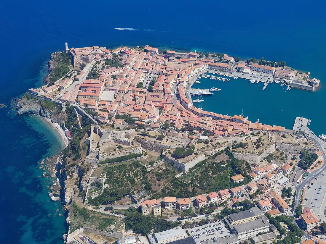 Aerial view of Portoferraio harbour, cruise berths, old town, and fortifications