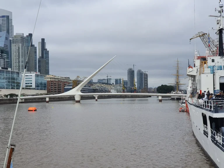 Puente de la Mujer bridge and Puerto Madero skyline in Buenos Aires