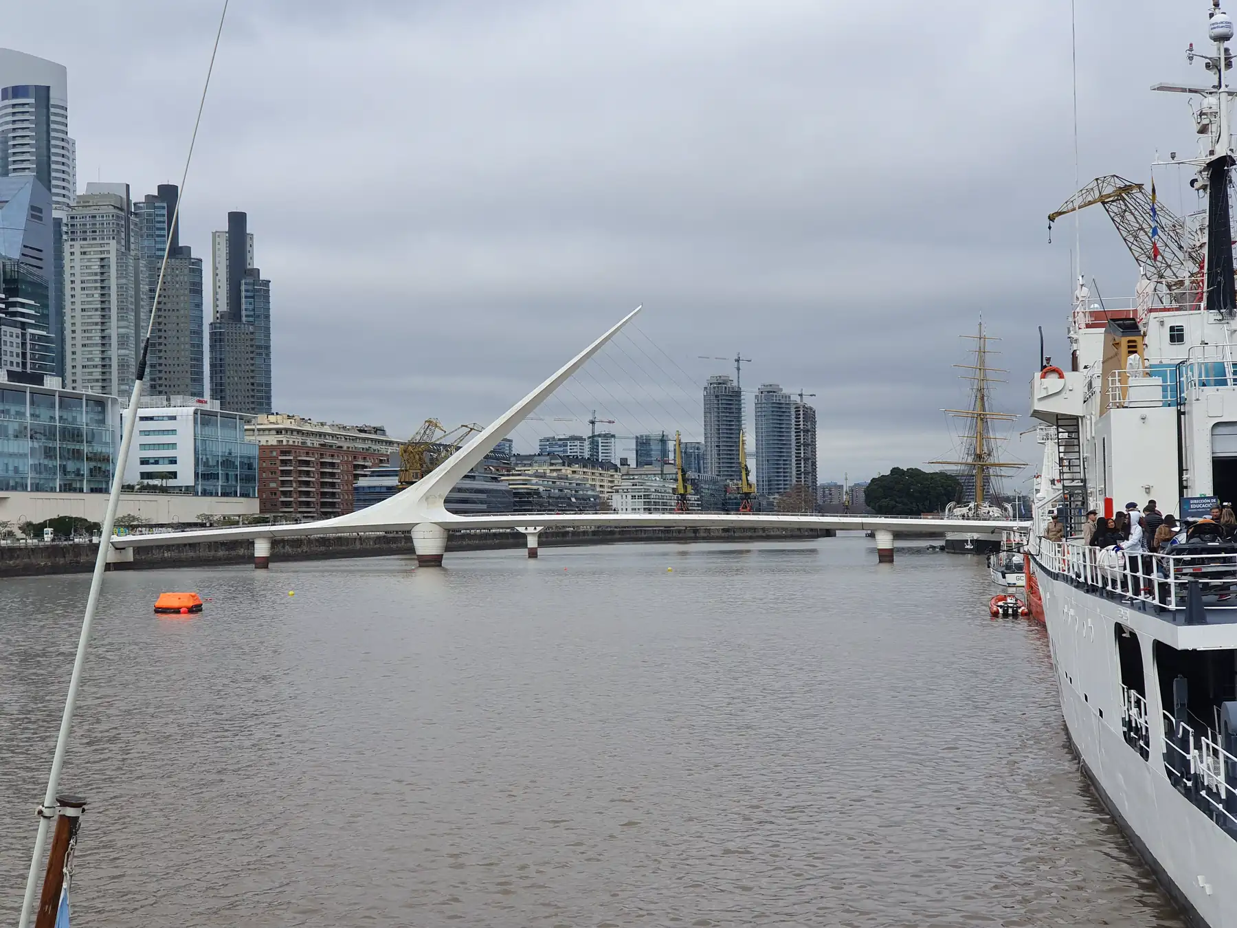 Puente de la Mujer bridge and Puerto Madero skyline in Buenos Aires