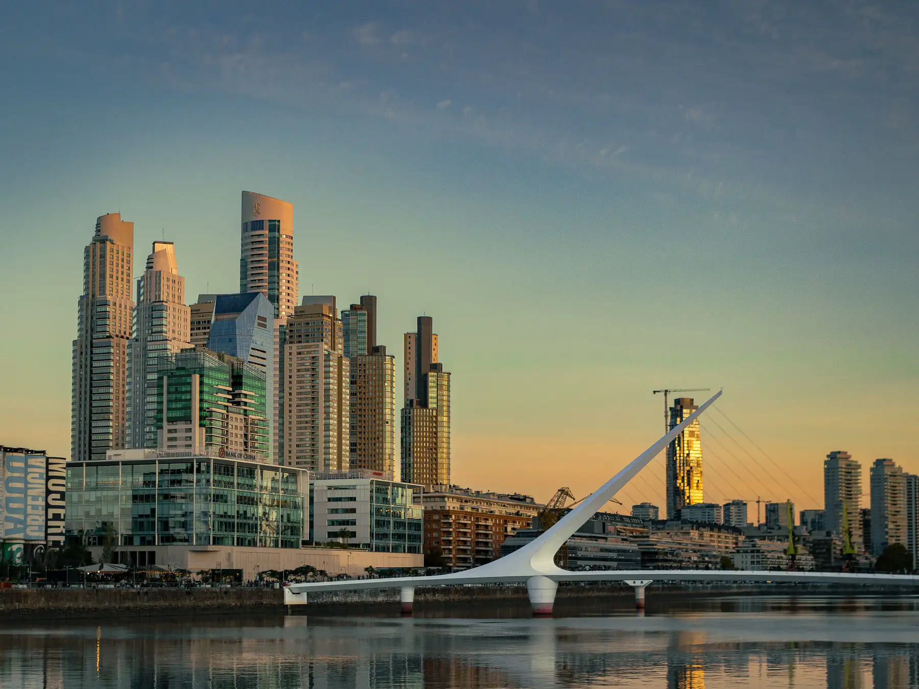 Buenos Aires skyline reflected in the water at Puerto Madero