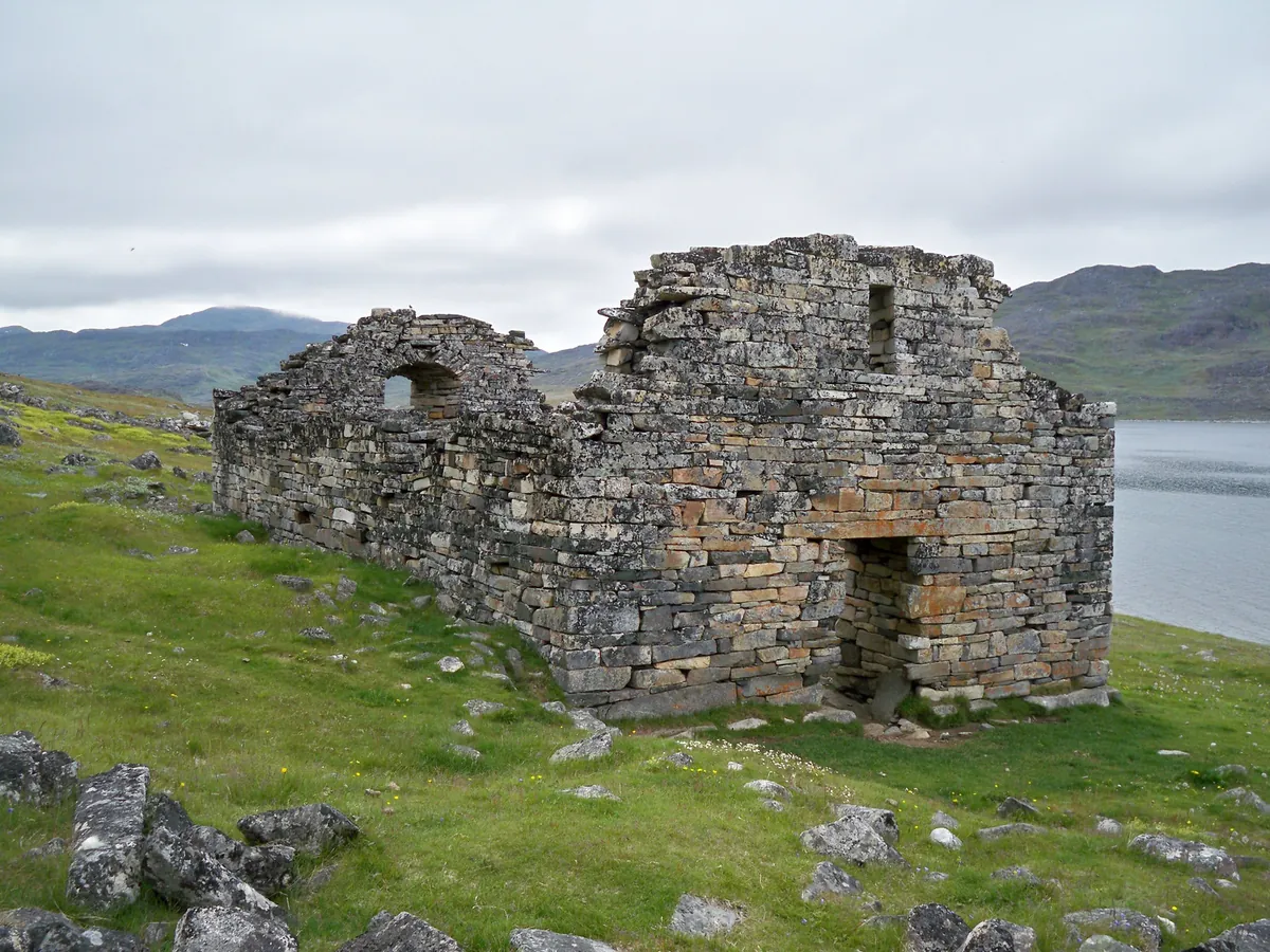 Stone ruins of Hvalsey Church beside the fjord near Qaqortoq, Greenland