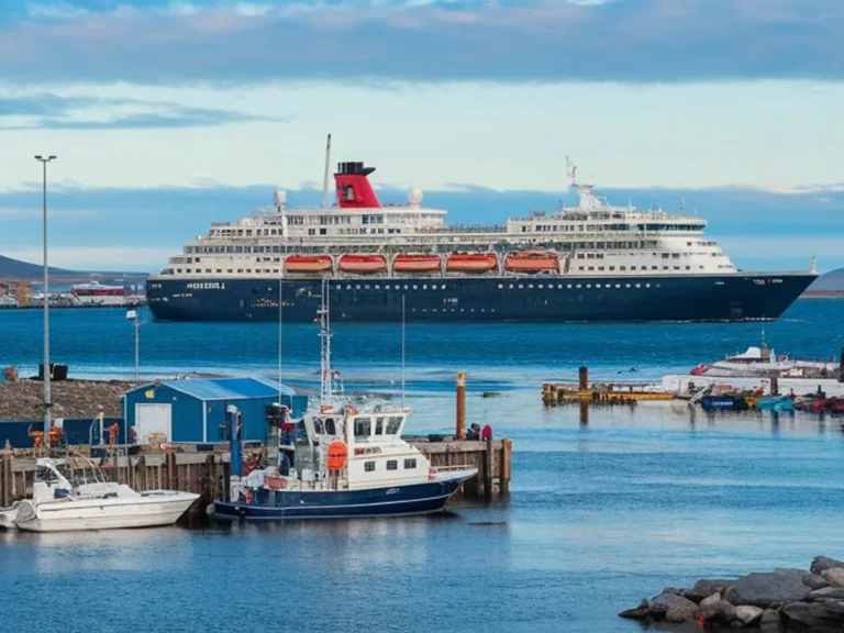 Cruise ship anchored beyond the tender pier in Qaqortoq harbour, Greenland