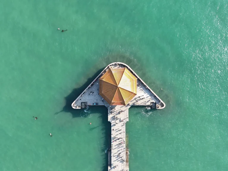 Aerial view of Zhanqiao Pier extending into the sea at Qingdao