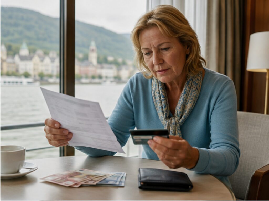 Passenger reviewing a river cruise bill while choosing between cash and a credit card