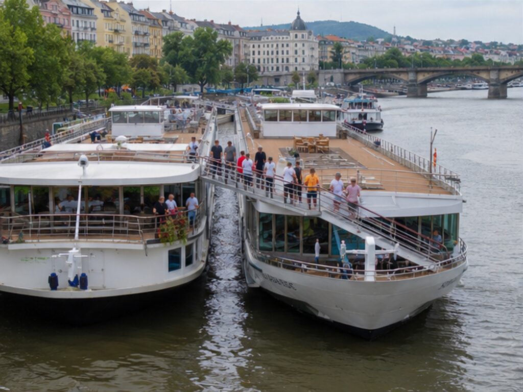 Two river cruise ships rafted side by side at a city berth with passengers crossing between them